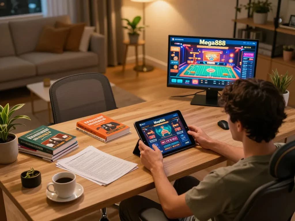 Mega888 user enjoying online gaming experience with tablet in pleasant home office setting