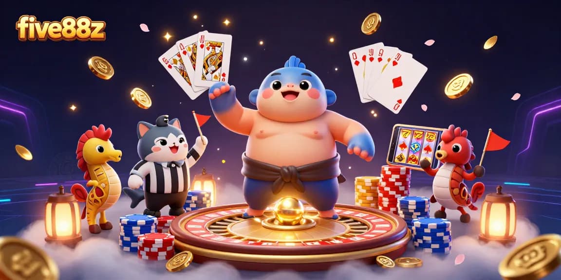Experience thrilling gameplay with five88z in this vibrant underwater casino scene featuring a fugu and catfish referee.