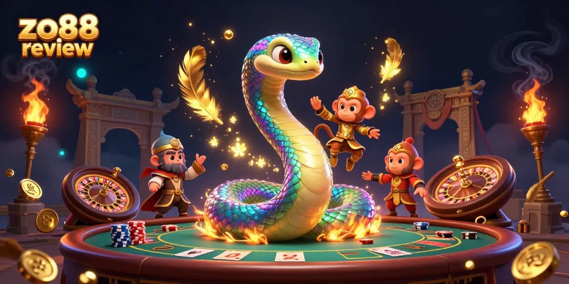 Engage with the vibrant zo88 review scene, featuring dynamic characters and casino elements.