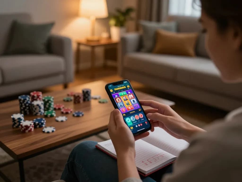 Berinteraksi dengan pupisgames di smartphone selama sesi permainan santai di rumah.