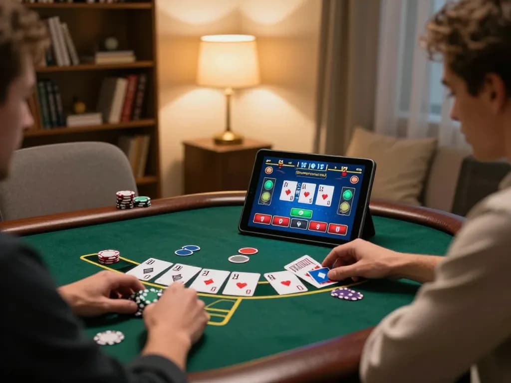 Player at home enjoying ALO8 blackjack game on tablet with warm lighting