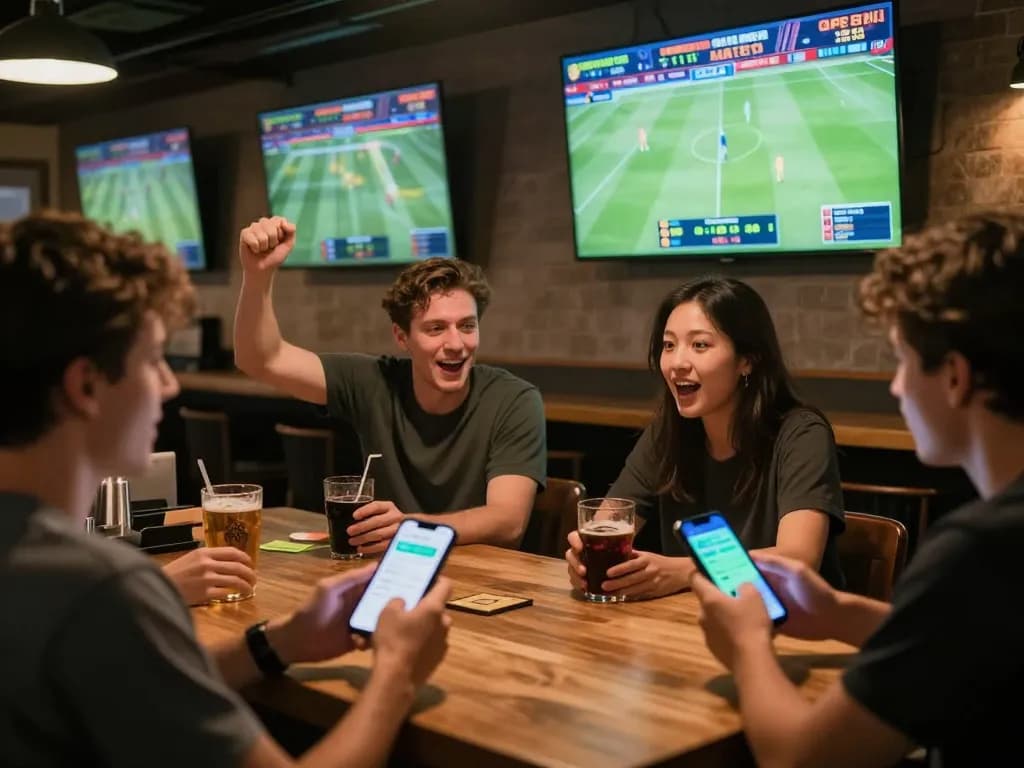 KÈO TRỰC TUYẾN sports betting scene filled with friends analyzing live matches on screens