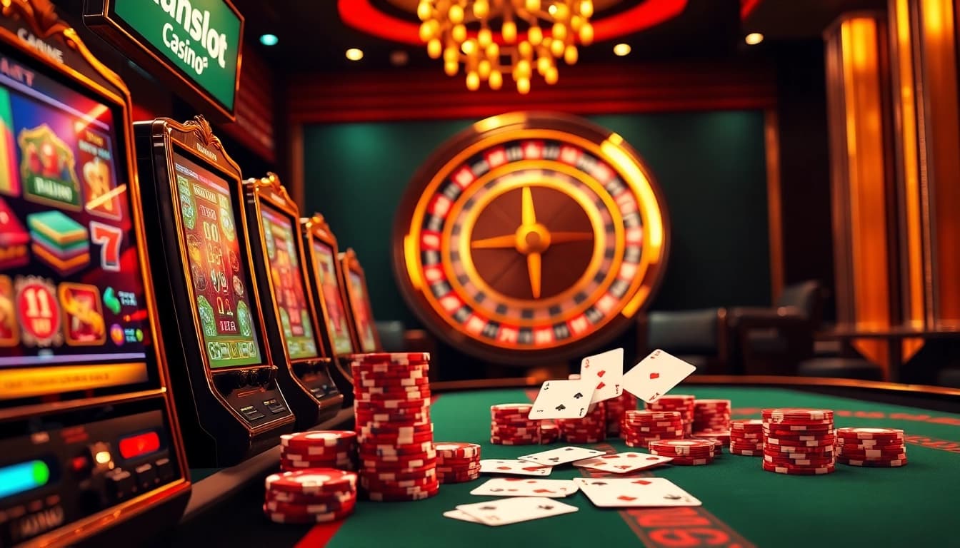 Exciting view of an online gambling interface with idnslot elements, featuring vibrant slot machines, poker chips, and a roulette wheel.
