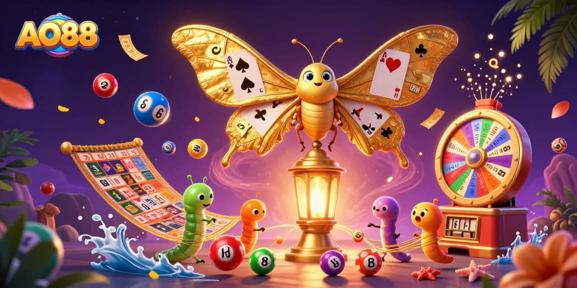 AO88 casino scene with a vibrant 3D moth and colorful gaming elements, showcasing thrilling lottery action.