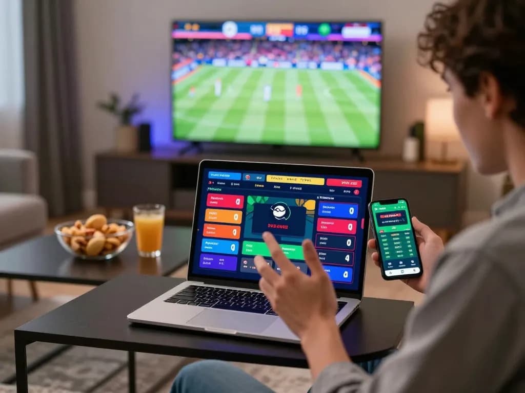 Excited individual engaging with bl555 betting platform during a live sports event at home.