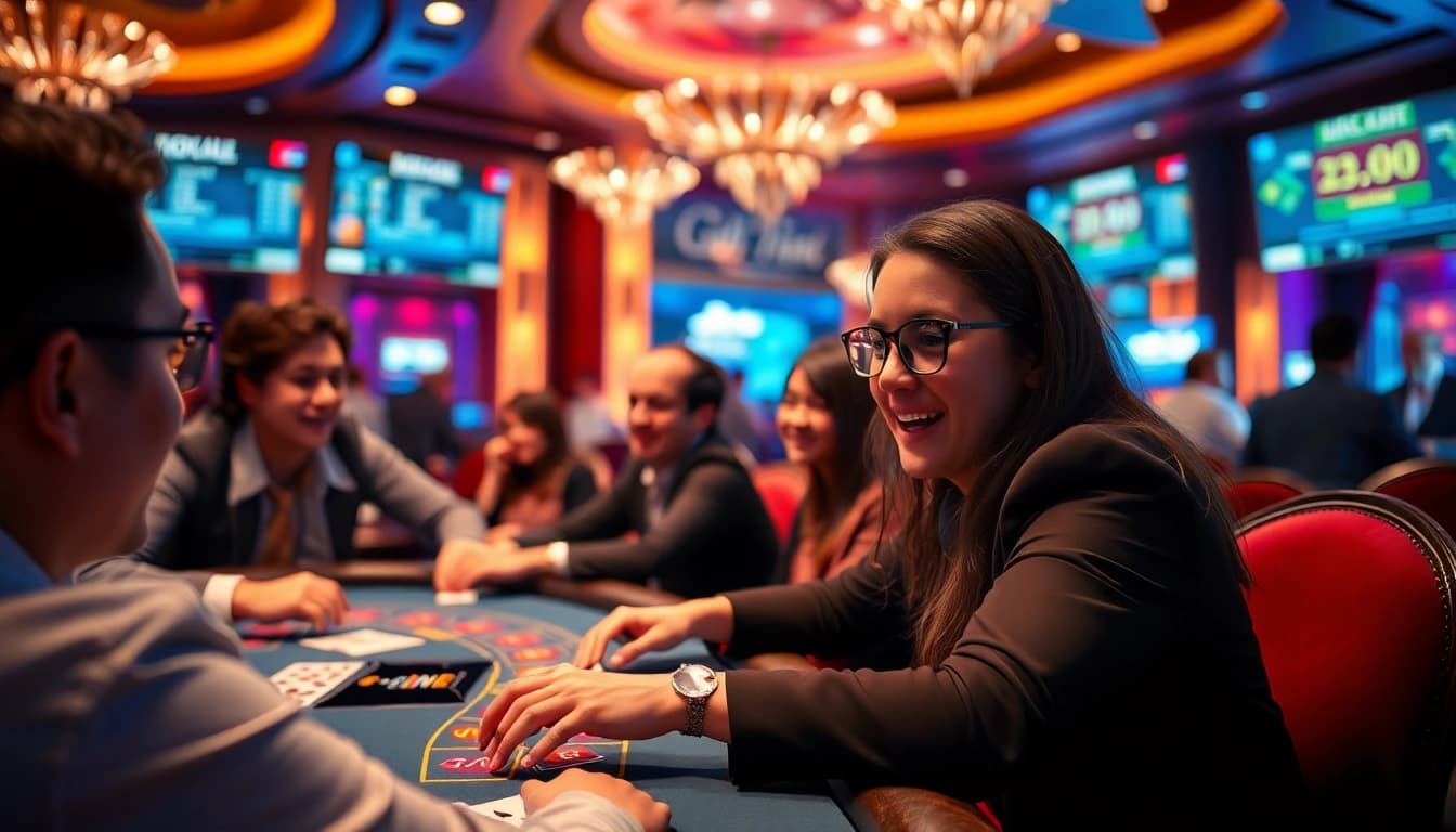 A lively online casino scene at https://33win.global/ featuring players enjoying baccarat with vibrant colors and digital interfaces.