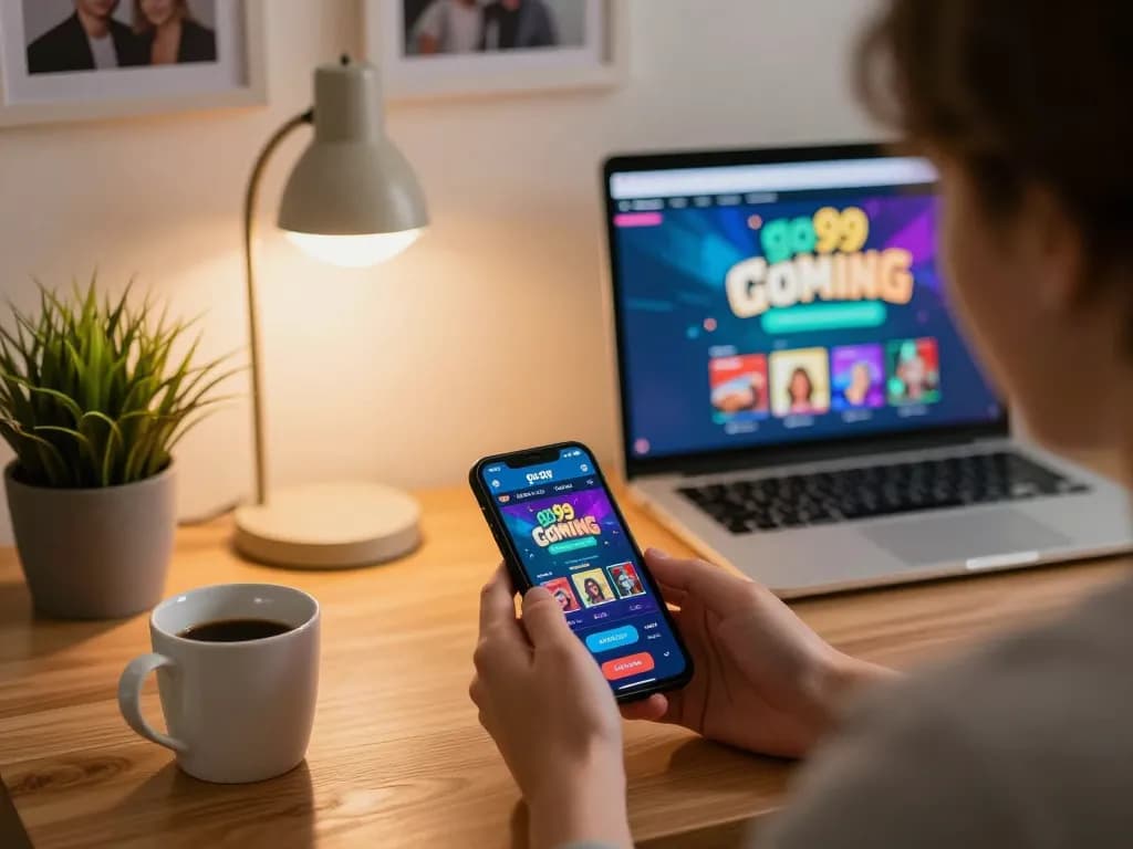 Engaging with go99 mobile casino app on a cozy home desk setup, reflecting responsible gaming
