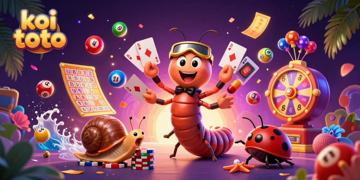 Engage with koi toto’s vibrant online games amidst colorful lottery elements and joyful characters.