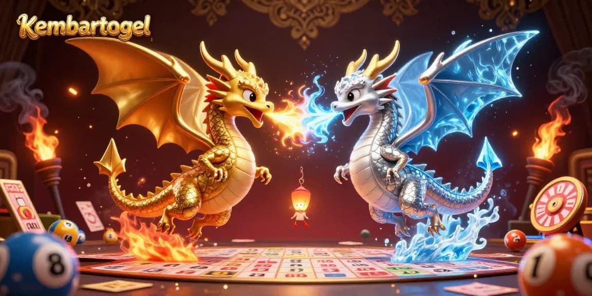Kembartogel showcases an action-packed lottery scene with vibrant dragons and glowing game elements.
