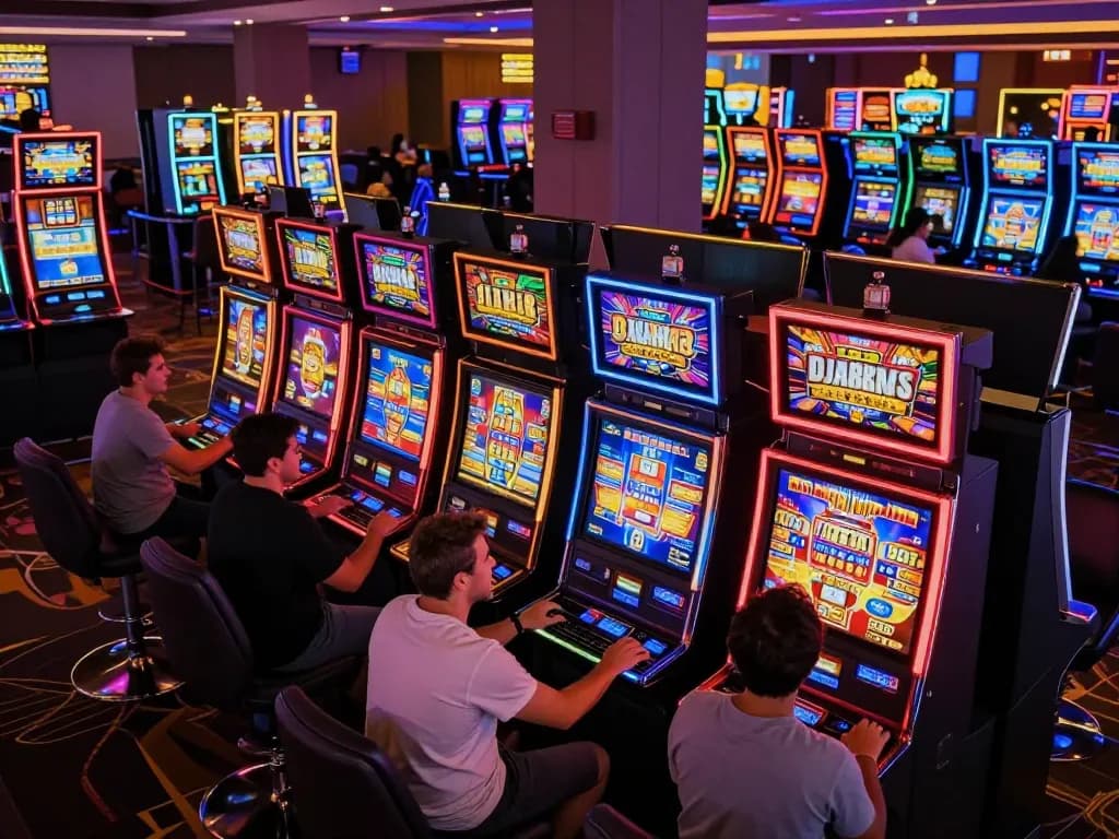 Engaging slot gameplay at a vibrant casino with colorful machines and excited players.