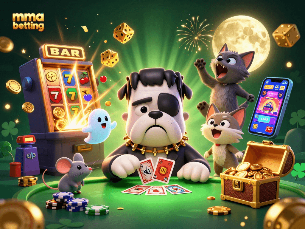 Engage in mma betting with vibrant 3D characters and casino elements in an exciting scene.