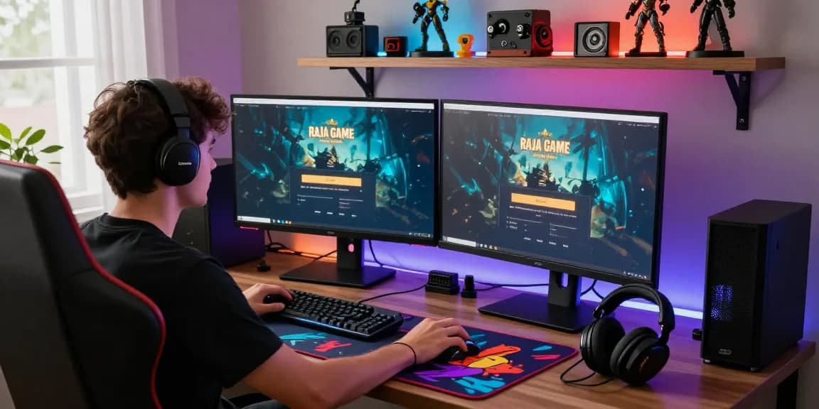 Engaged user preparing to log in to Raja Game at a dynamic gaming station.