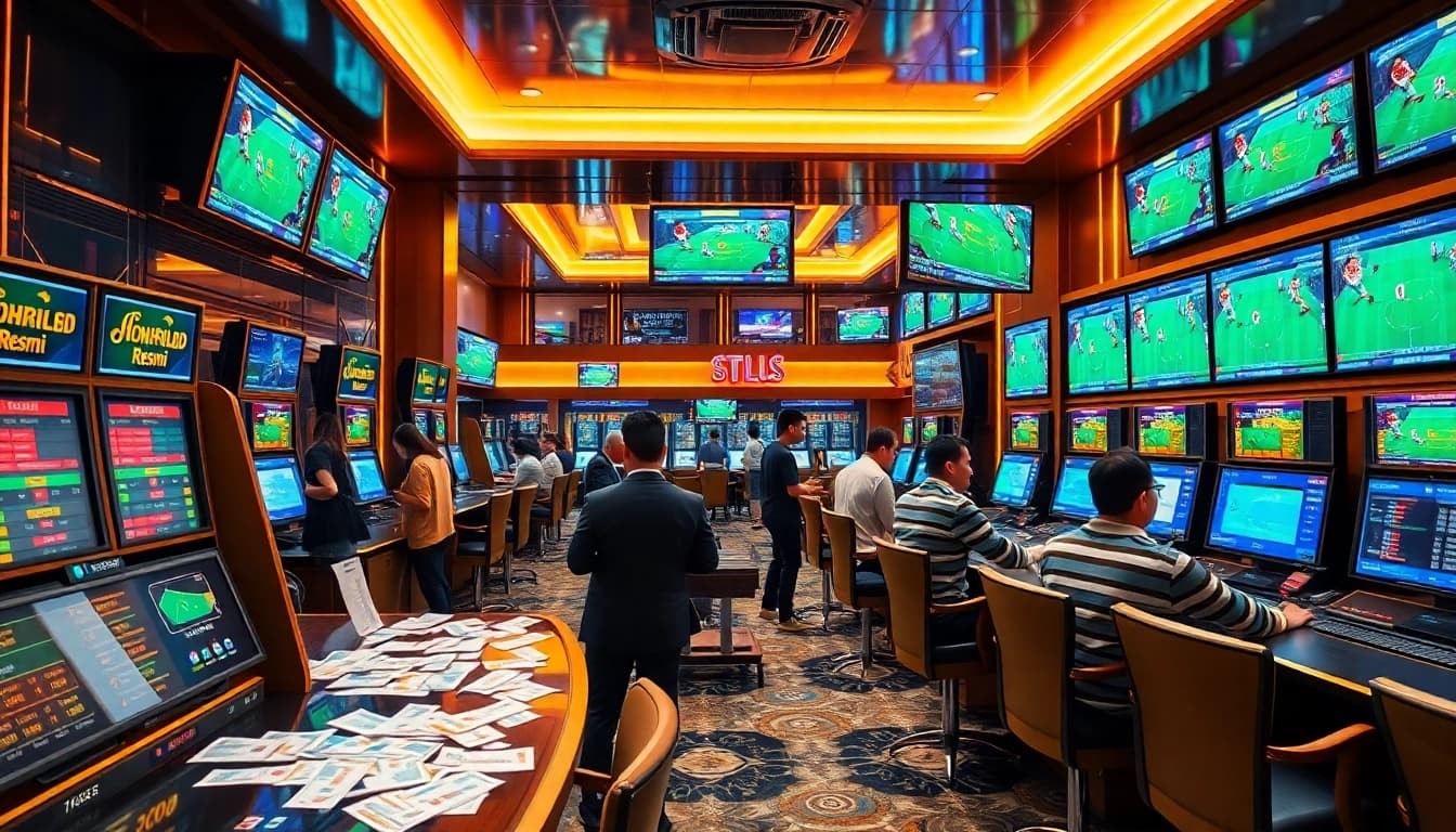 Situs Judi Bola Resmi betting excitement with bettors and live match displays.