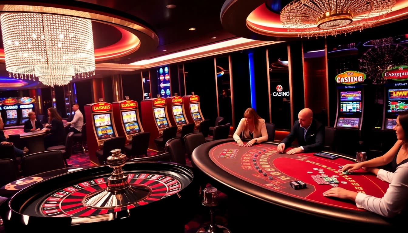 MMOO gambling scene showcasing poker tables and a spinning roulette wheel in a vibrant casino.