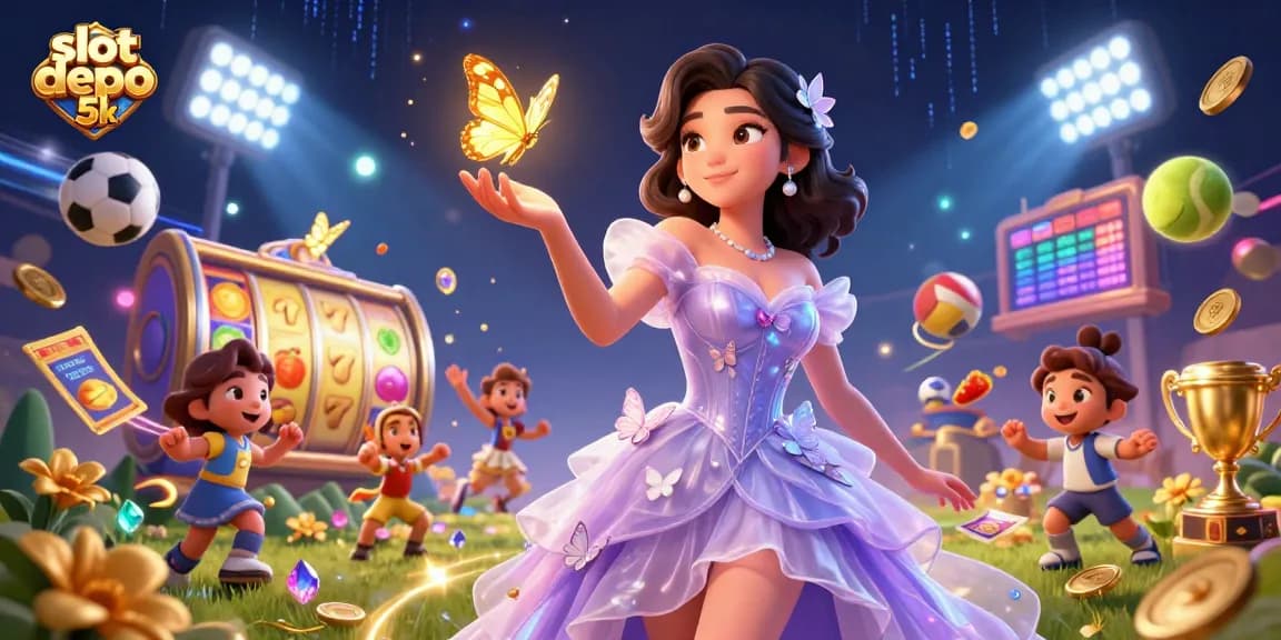 Experience the thrill of slot depo 5k with a stunning illustration of a woman in a magical casino setting.