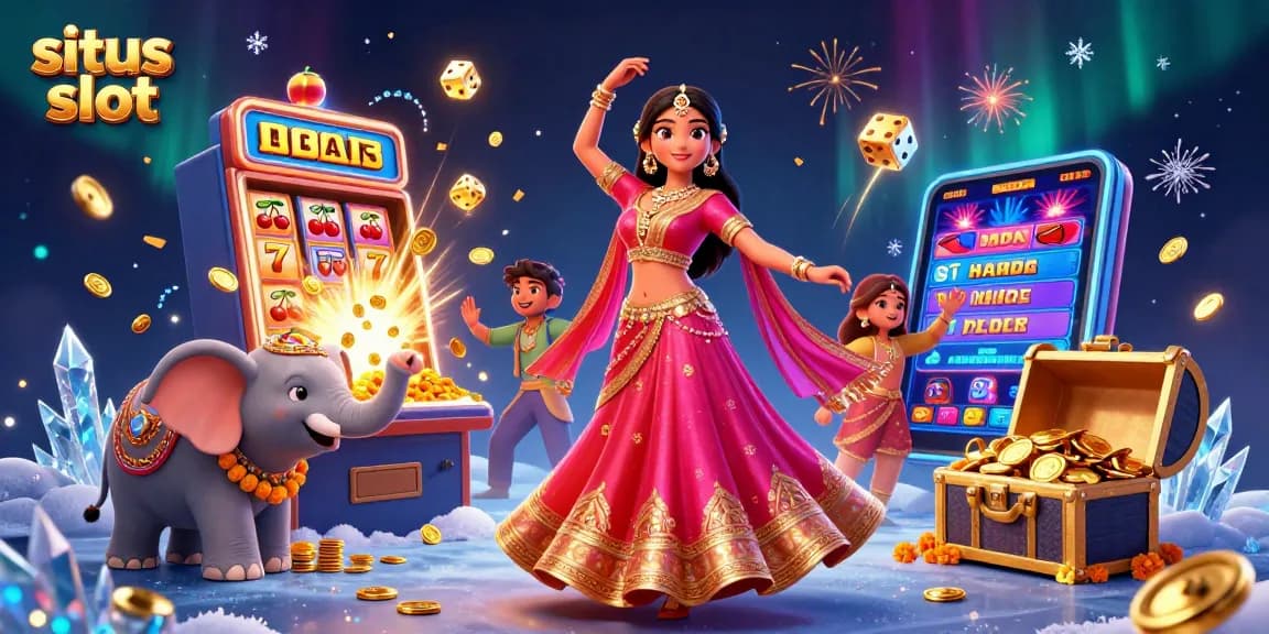 Experience the excitement of situs slot with vibrant illustrations featuring jackpots, coins, and celebration elements.