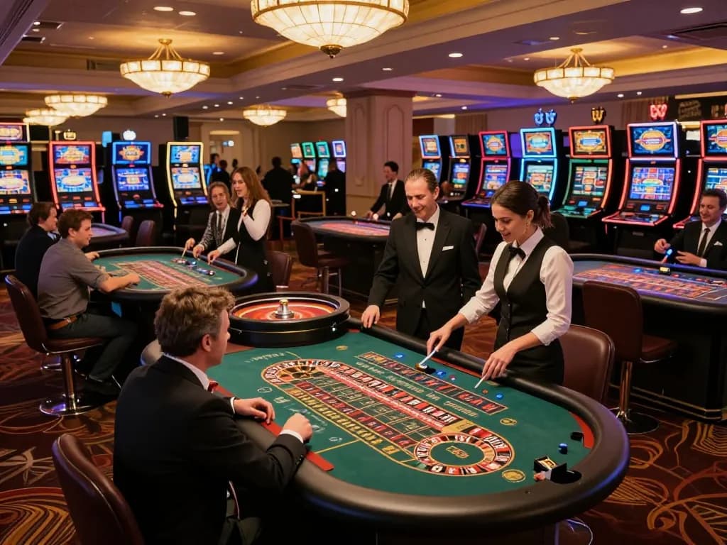 Engaged players strategizing over roulette tables in a luxurious casino featuring diverse links, creating a lively gaming atmosphere.