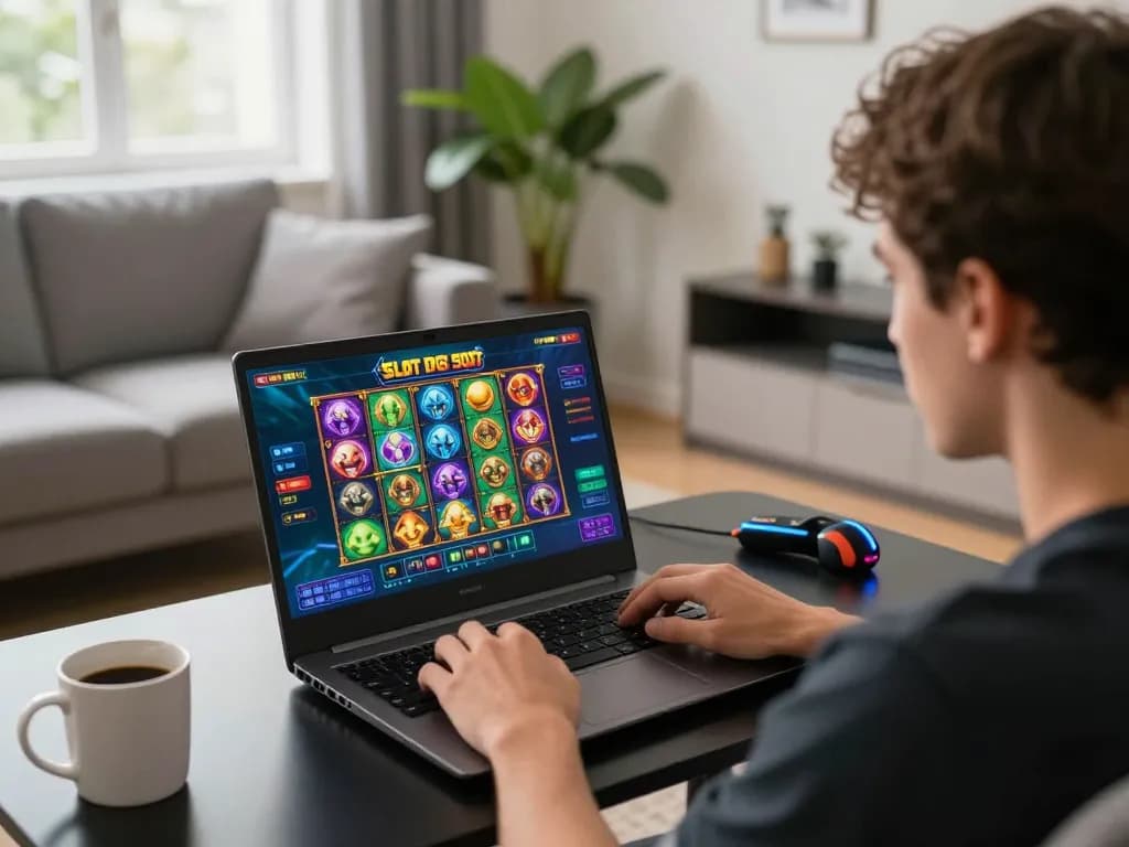 Permainan menarik Slot Demo PG Soft di laptop dalam suasana rumah yang nyaman dengan aksesori strategis.
