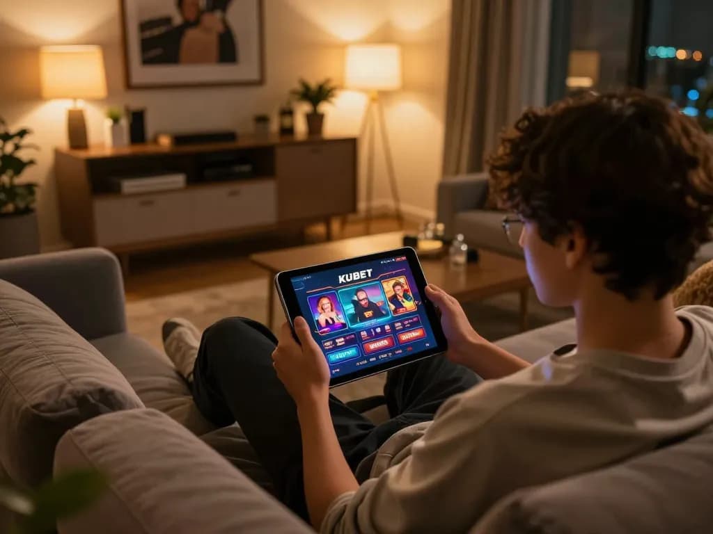KUBET player enjoying an online casino game on a tablet in a cozy living room setting.