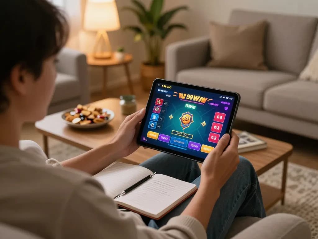 Person playing 99Win poker game interface on tablet in a cozy living room.