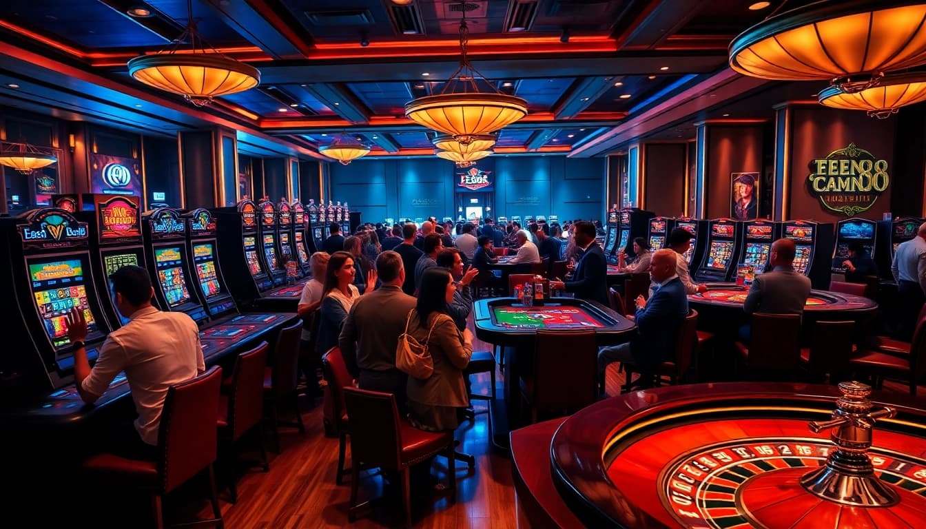 Gamblers enjoying a thrilling experience at an Ee88 casino with vibrant slot machines and polished gaming tables.
