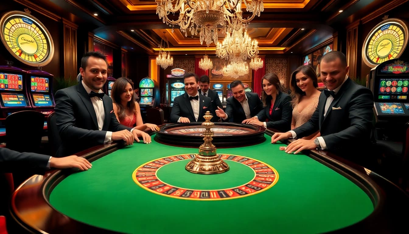 Players enjoying a high-stakes game at the GO8 casino table, filled with excitement and luxury.