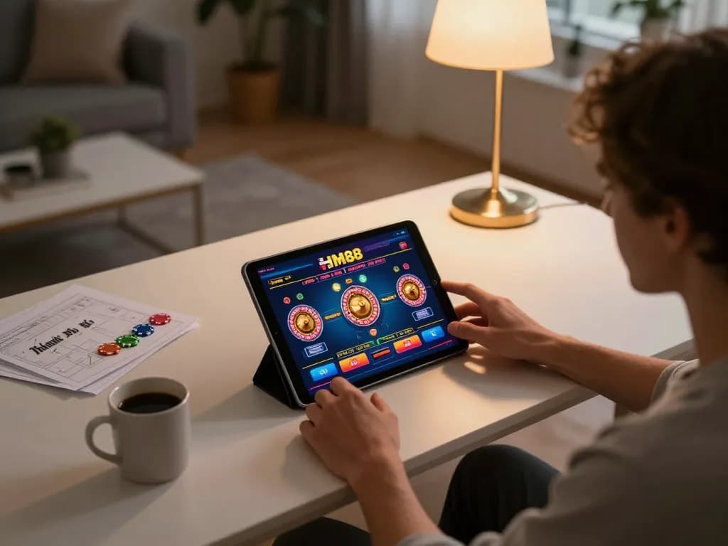 Player explores the HM88 online casino app while enjoying cozy home gaming