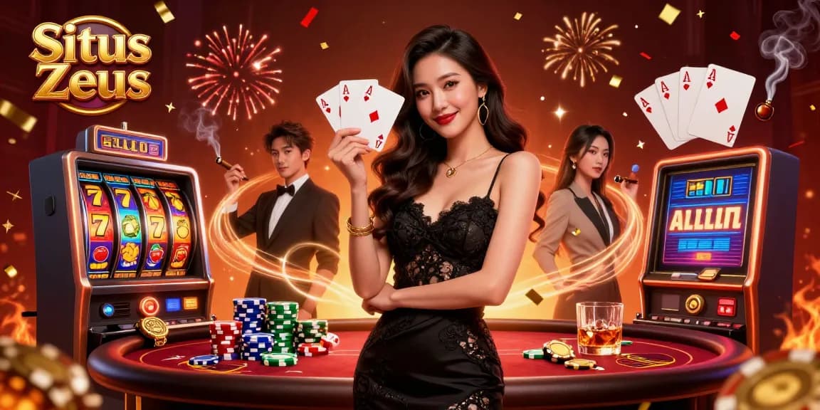 Situs Zeus features an elegant casino scene with vibrant slot reels and ace cards for gamblers.