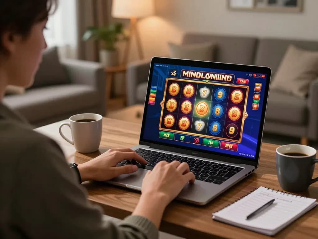 Engaging online slots gameplay at Jun88 in a cozy home setting, showcasing strategy notes and vibrant screen.