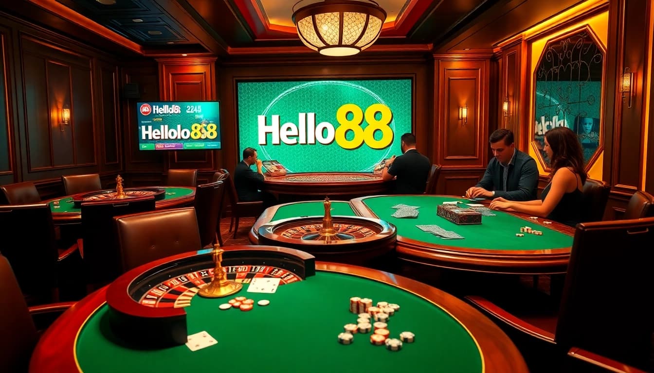 Hello88 gaming room showcasing excitement with poker chips and strategies in play.