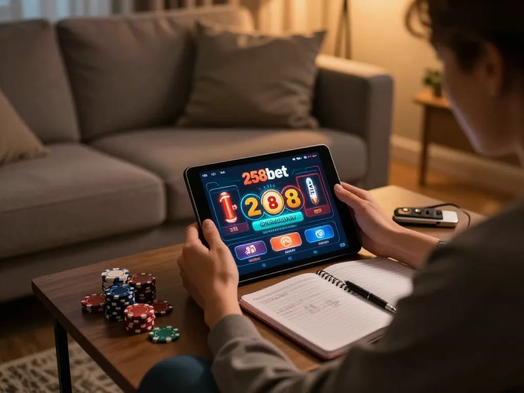 Person engaging with the 258bet online casino app at home, creating a relaxed gaming vibe.