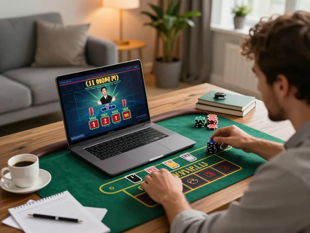 Player enjoying an engaging live dealer game on 68win, surrounded by strategy notes and a warm atmosphere.