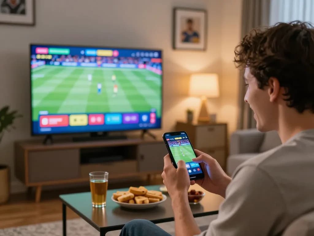 Excited player engaging with VIN88 sports betting app on smartphone in a cozy home