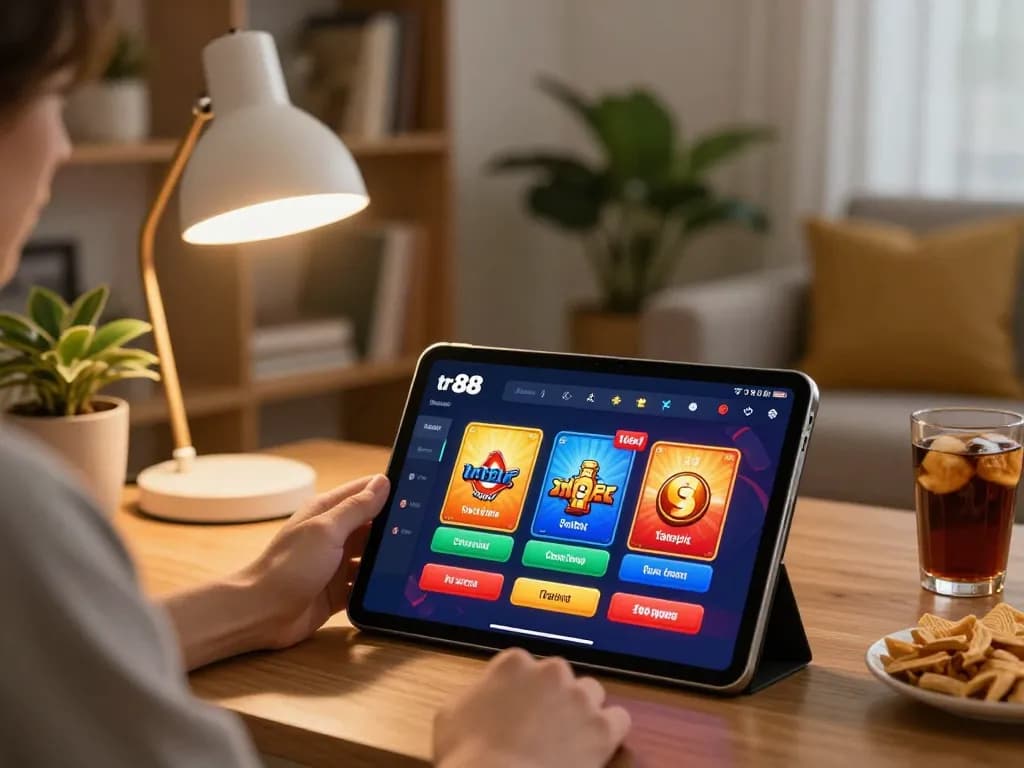 Person engaging with tr88 online casino app on tablet in a comfortable home setting