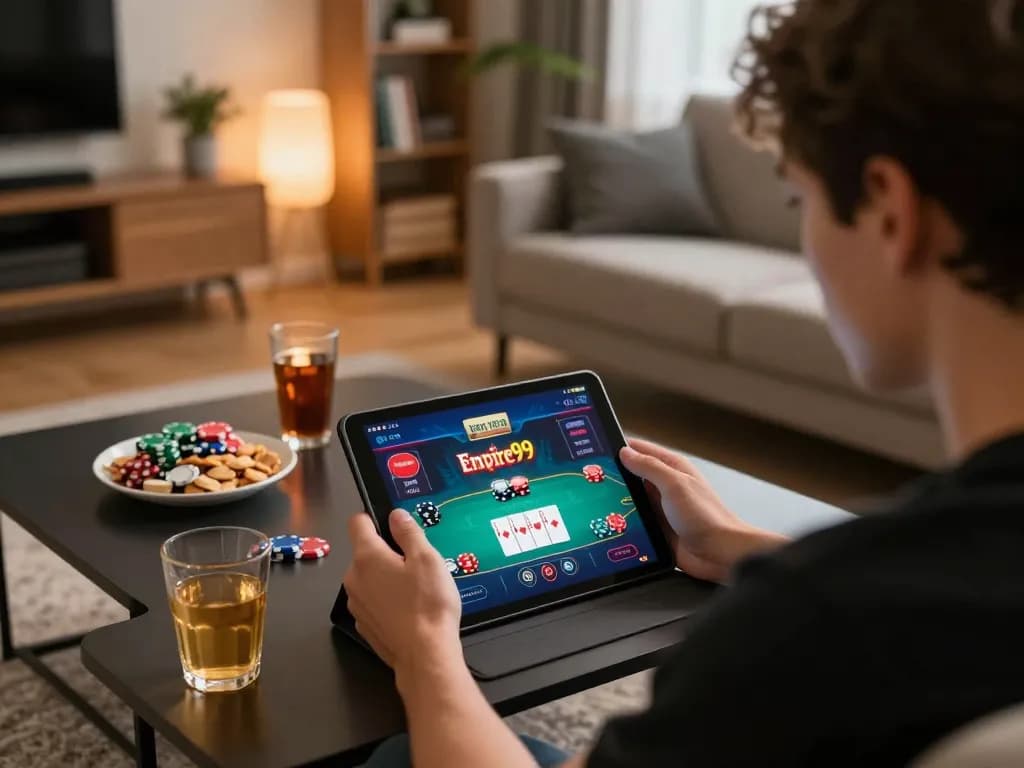 Menggunakan aplikasi kasino empire99 di tablet, menunjukkan sesi permainan online yang strategis.