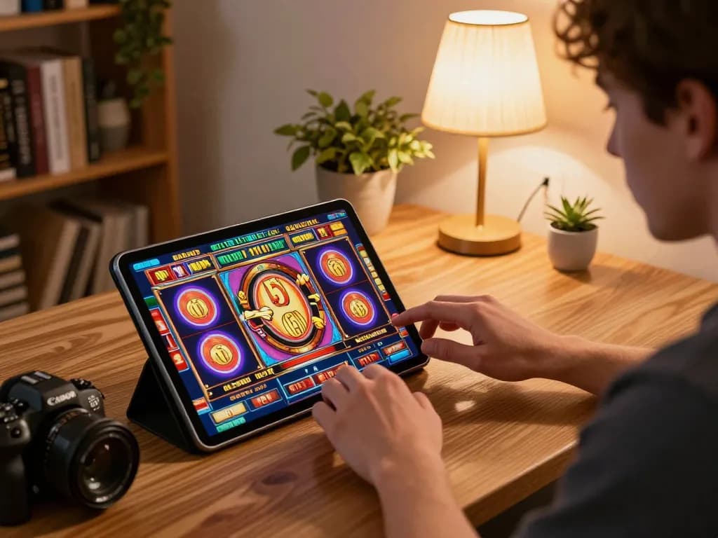 Engaging with the Trang chủ F8bet online casino slots on a sleek tablet in a cozy home setting.