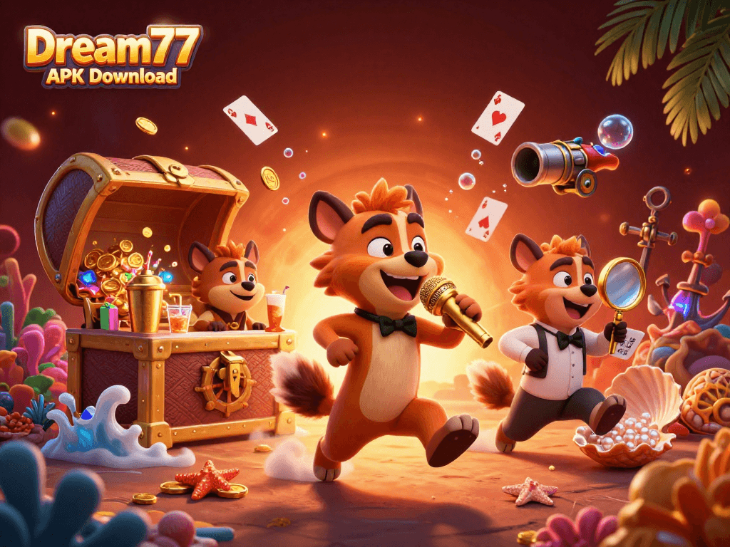 Engage in thrilling gaming with Dream77 APK Download showcasing fun hyena characters and vibrant casino elements.