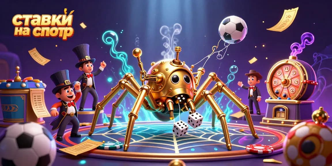 Betting on sports with excitement: a detailed scene capturing ставки на спорт with sports balls, a golden spider, and more.