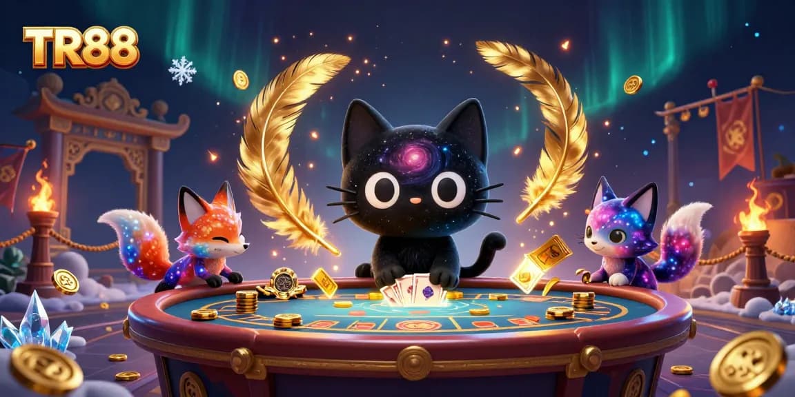 Experience TR88's vibrant galaxy where a black hole cat and nebula fox gather golden casino wins.