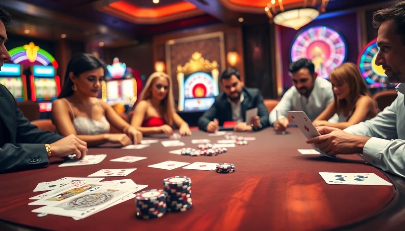 Players engaging in poker at a luxurious table with "pokergacor" highlighted, showcasing a lively casino atmosphere.