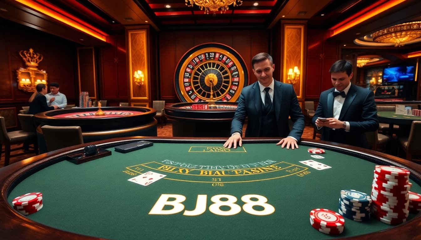 BJ88 players engaging in an exciting game at a luxurious casino table with vibrant visuals.