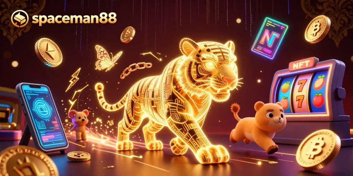 Experience the vibrant action of spaceman88 in a digital casino where neon tigers and crypto elements collide.
