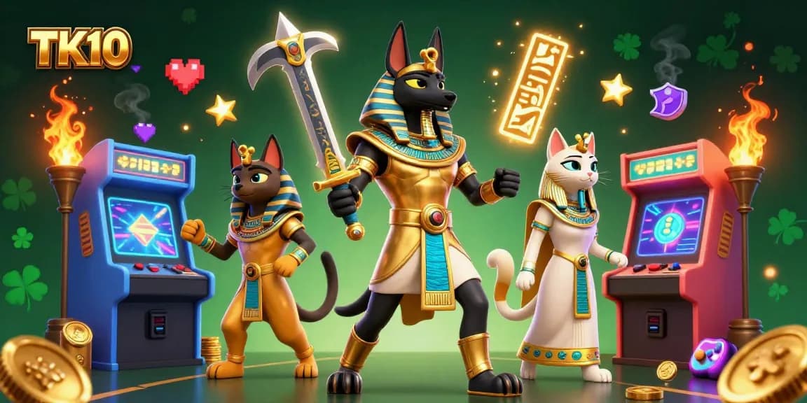 Engage with TK10's immersive gaming experience featuring Anubis, Bastet, and vibrant game elements.