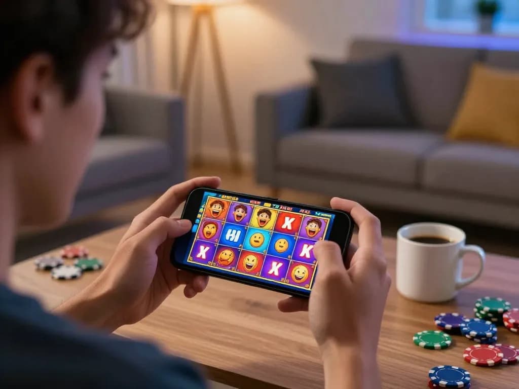 Player engaging in exciting toto slot gaming session at home, smartphone in hand, vibrant graphics on screen.