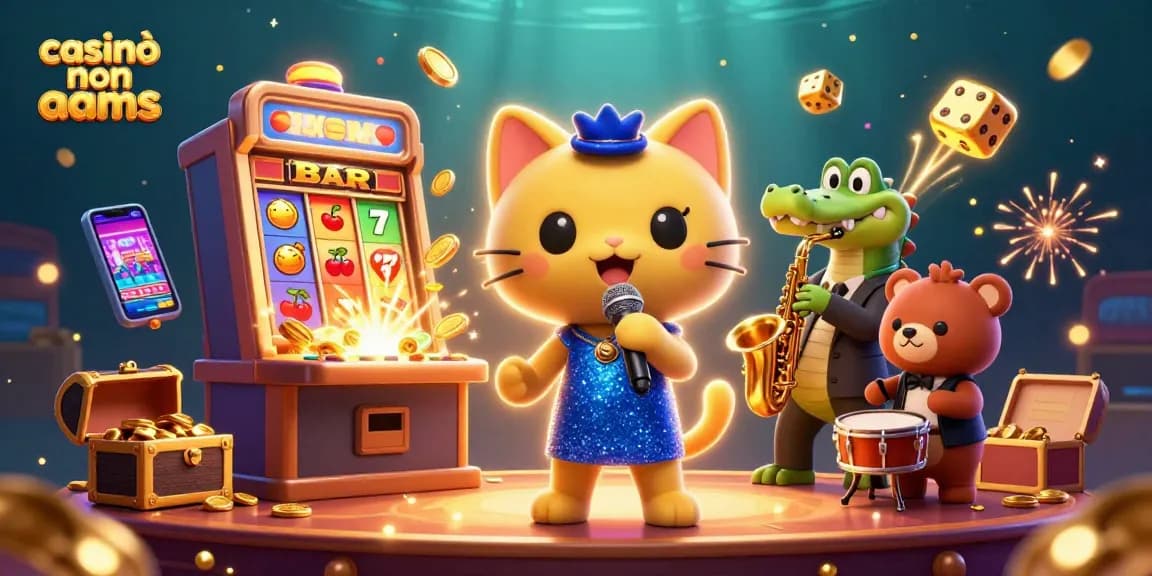 Vinci alla grande nei casinò non AAMS con giochi colorati e animazioni festive in un ambiente casinò vibrante.