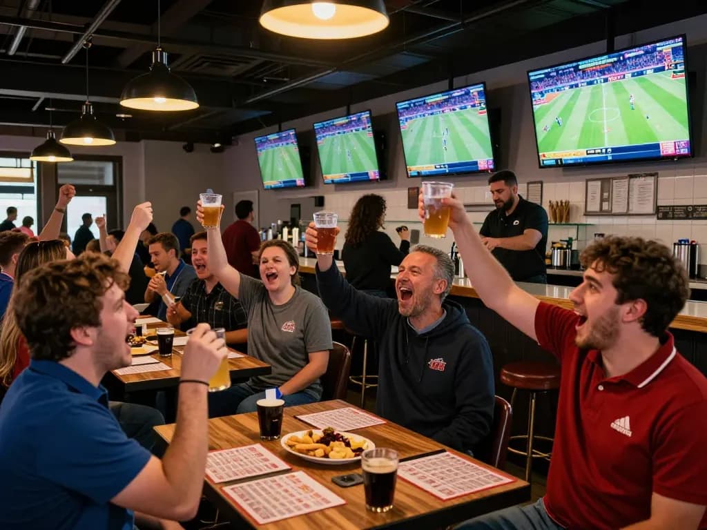 bsport patrons celebrating live sports betting in a vibrant bar atmosphere