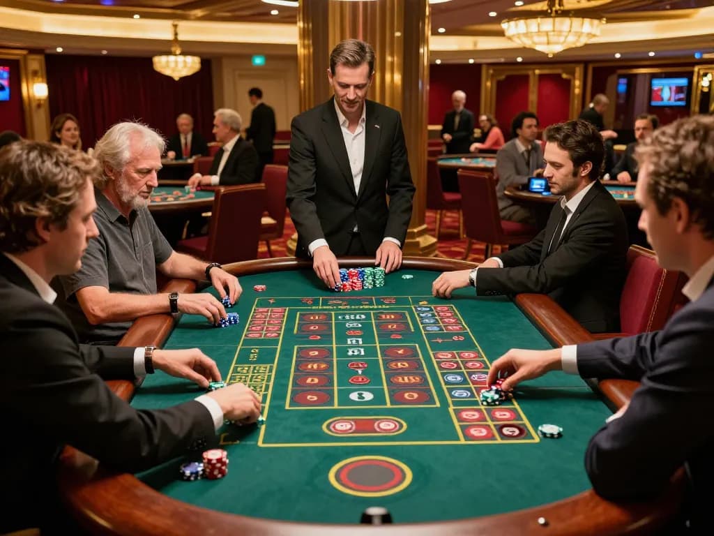 Nohu gameplay action with players engaging at roulette tables in an upscale casino atmosphere.