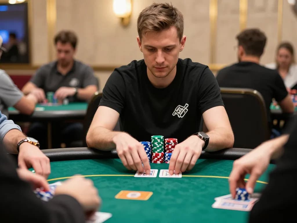 SC 88 gaming table with a focused player strategizing poker moves in a luxurious setting