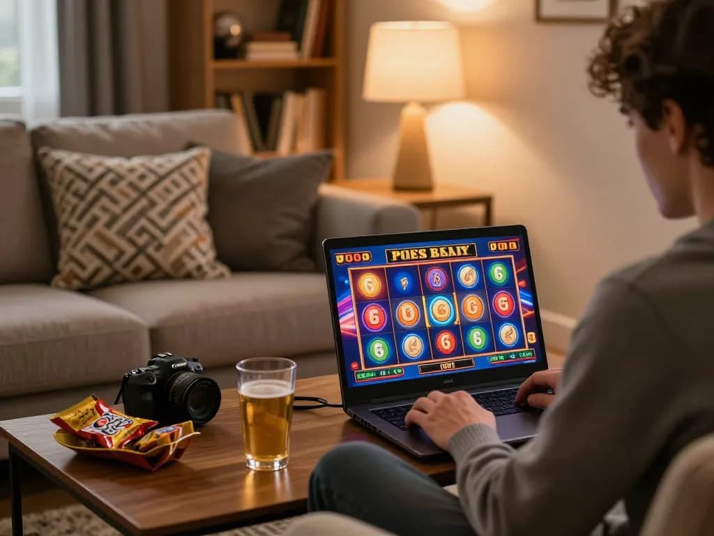 Engaging online pokies Australia gameplay through a laptop in a cozy living room.
