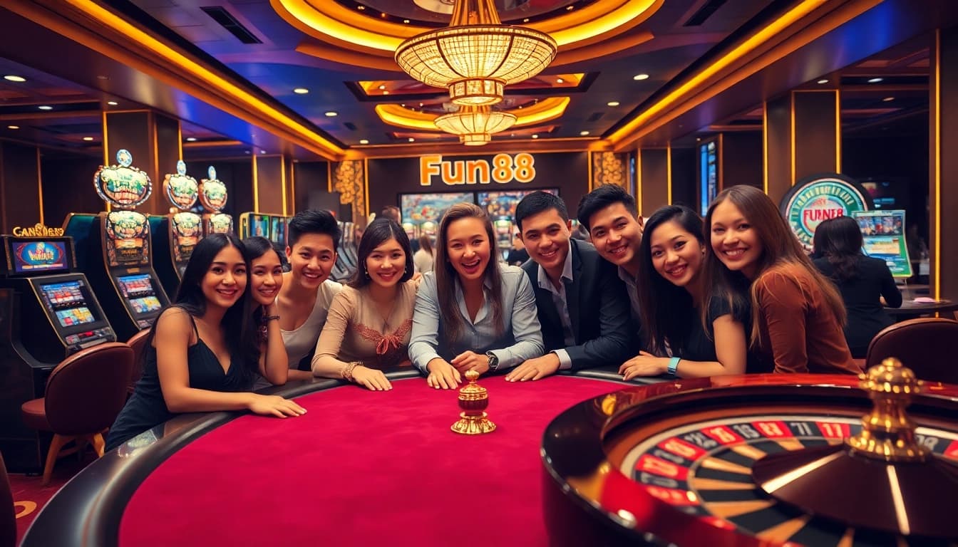 Excited players enjoying a vibrant gambling experience at Fun88 casino.